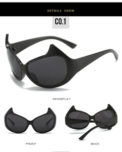 Detail shots of black Y2K bat-wing sunglasses showing 45-degree angle, front and back views