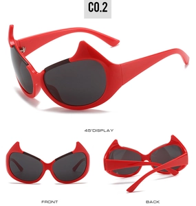 Three-angle display of red horn devil sunglasses with grey lenses and y2k aesthetic