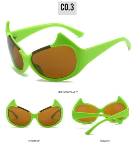 Three-angle view of neon green devil horn sunglasses with brown polarized lenses