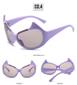 Detailed multi-angle views of purple devil horn sunglasses with light purple lenses