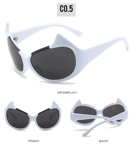 Detailed multi-angle views of white devil horn Y2K sunglasses with black lenses