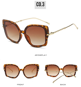 Drei Ansichten der Katzenaugen-Sonnenbrille mit Schildpattrahmen und goldenen Bügeln
