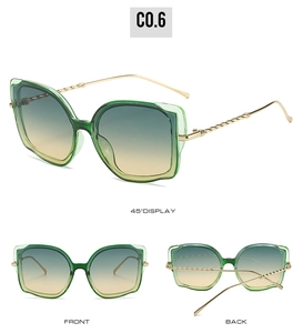 Detailansichten der Cat-Eye-Sonnenbrille mit gedrehten Metallbügeln und Verlaufslinsen