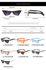 Detailed dimension guide for unisex triangle cat-eye sunglasses with PC frames and multiple colors