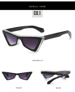 Detailed multi-angle view of cat-eye sunglasses with rhinestone trim and purple lenses