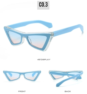 Detailed views of cat-eye triangle sunglasses with blue frames and gradient lenses
