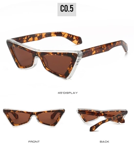 Detailed views of geometric cat eye sunglasses in tortoiseshell and transparent finish