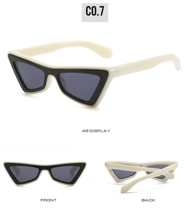 Three-view display of vintage cat-eye sunglasses with cream and black contrast frame