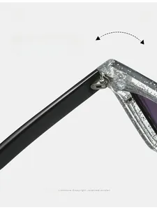Macro detail of a durable metal hinge on stylish triangular sunglasses with silver glitter