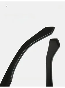 Detail of curved ergonomic temple arms on glossy black triangular sunglasses for comfort