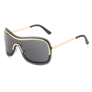 Chic Y2K one-piece shield sunglasses with dark lenses and gold metal trim on white background