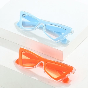 Fashionable triangular sunglasses in light blue and bright orange with double-layered frames