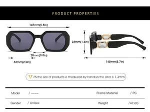 Detailed size guide for polygon sunglasses featuring frames dimensions and unisex PC material
