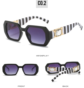 Detail of polygon sunglasses featuring striped temples and crystal hinge accents