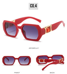 Three-view display of red hexagonal sunglasses with crystal-studded temples and gradient lenses