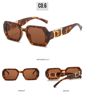 Detail view of tortoiseshell polygon sunglasses with gold metal hinges and brown lenses