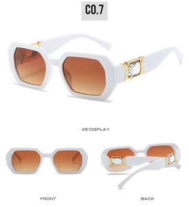 Three-angle views of oversized white square sunglasses with diamond crystal temple details