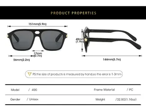 Detailed size chart for square double-bridge sunglasses with frame and lens measurements