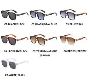 Detailed catalog of retro square sunglasses featuring seven diverse color options and metal trim