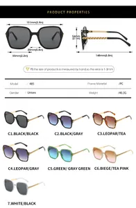 Detailed size chart and specifications for oversized square unisex PC frame sunglasses