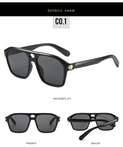 Detail view of square double-bridge sunglasses with gold hexagonal accents in three angles