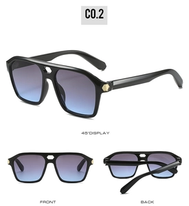 Multiple views of pilot sunglasses with blue-purple gradient lenses and gold hexagonal accents
