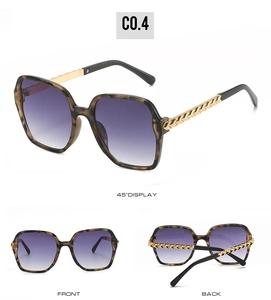 Three-angle view of oversized square sunglasses with tortoise frames and purple gradient lenses