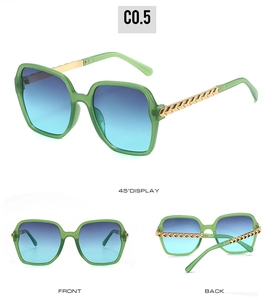 Multi-angle view of green square sunglasses with gold chain woven temples and gradient lenses