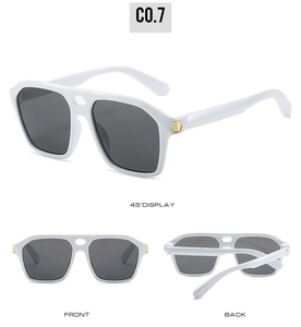 Three-view display of white square sunglasses with gold temple accents and dark lenses