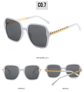 Three-angle views of white square oversized sunglasses with golden woven metal temples