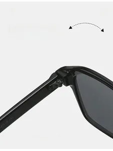 Detail of durable metal hinge on black square sunglasses with size 55-18-145 specs