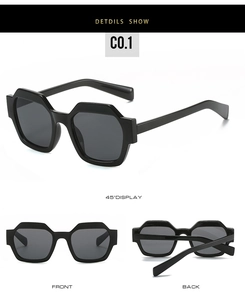Detailed views of black hexagonal sunglasses with wide temples and dark lenses
