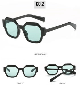 Detail view showing black hexagonal frame sunglasses with mint green lenses from three angles