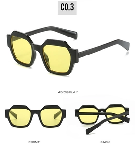 Three views of black geometric sunglasses featuring stylish transparent yellow lenses