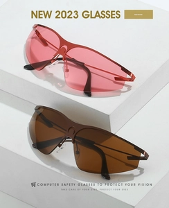 Detail of trendy wrap-around sports sunglasses with colorful lenses and metal frames