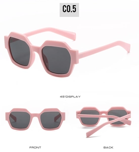Detailed views of pink hexagonal sunglasses featuring gray lenses from multiple angles