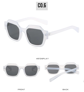 Multiple views of white geometric sunglasses with dark lenses and model C0.6 labels