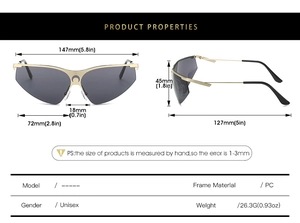 Detailed technical specifications and dimensions for sporty half-frame cycling sunglasses