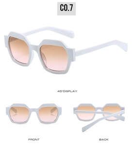 Detailed views of white polygonal oversized sunglasses with orange gradient lenses