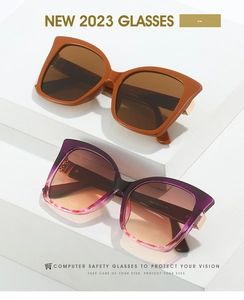 Close-up of cat-eye sunglasses with gold metal hinges and premium acetate frames