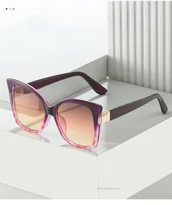 Detail of cat-eye sunglasses featuring purple gradient frames and gold metal hinge accents
