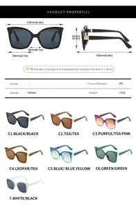 Detailed size chart for cat eye sunglasses with frame width 138mm and seven color options