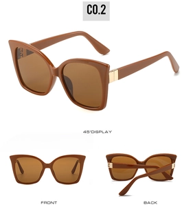 Cat eye sunglasses detail showing front, back, and side views with golden hinges