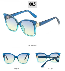 Three-view display of cat-eye sunglasses with blue frames and yellow-blue gradient lenses