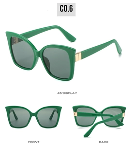 Cat eye sunglasses with green frame and golden hinges shown from multiple view angles