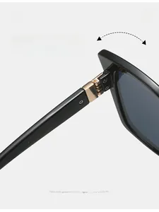Detail of durable gold metal hinges on black cat-eye sunglasses with size 58-18-136