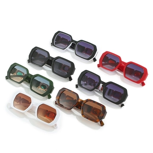 Set of six chunky rectangle polygon sunglasses in various colors on white background