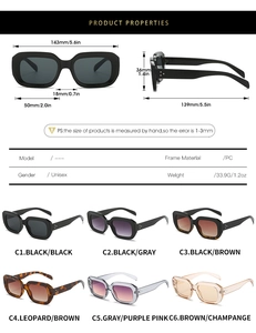 Detailed size chart and specifications for vintage square sunglasses with color options