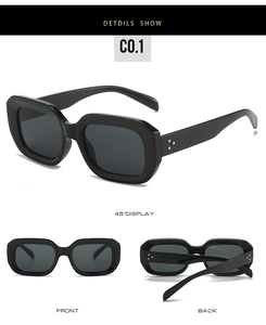 Multi-angle view of black square sunglasses with metallic rivet detail and dark lenses