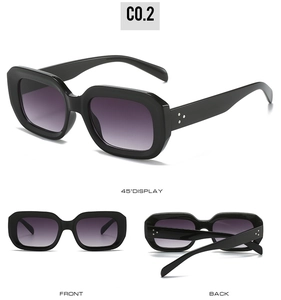 Multi-angle views of square frame sunglasses with silver rivets and gradient lenses